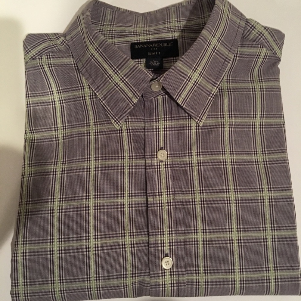 Banana Republic purple/green button down shirt.